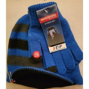 Berkshire Hard Bill Knit Striped Black Blue Beanie Hat I-Tip Touch Screen Gloves